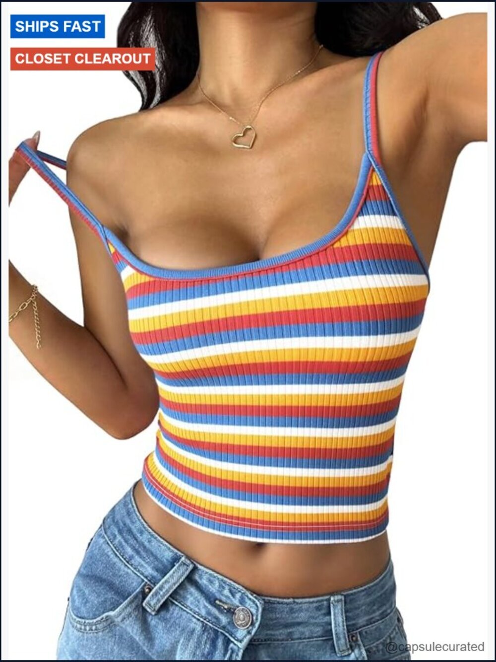 Sleeveless Crop Top Ribbed Knit Striped Cami Scoop Neck Tank Y2K Slim Fit